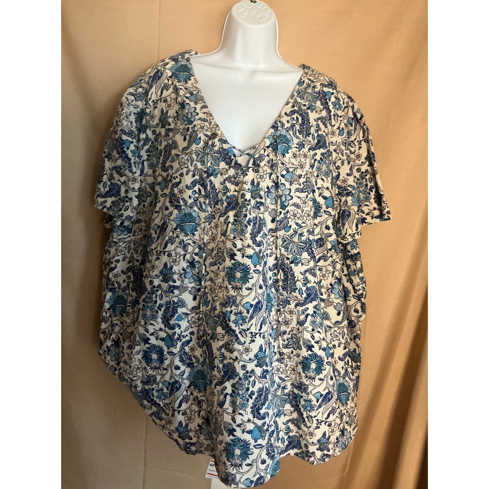 Knox Rose Blouse Womens 4X Blue White Excellent Floral Paisley Tie Neck Boho